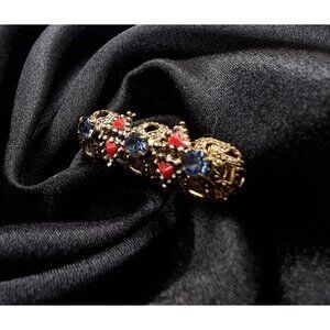 Vintage 1950s Gold-Tone Brooch With Blue & Red Glass Stones Intricate Filigree